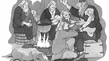 Tecknad svartvit bild. Personer som lyssnar på Vikingasagor. Illustration: Barbro Hennius.