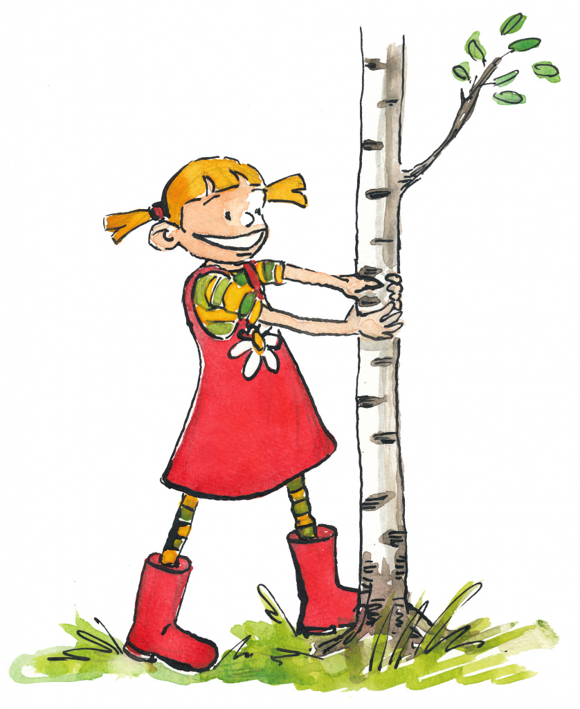 Tecknad flicka vid trädstam