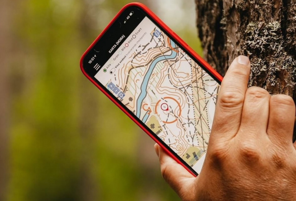 Hand vid trädstam som håller i mobil med karta