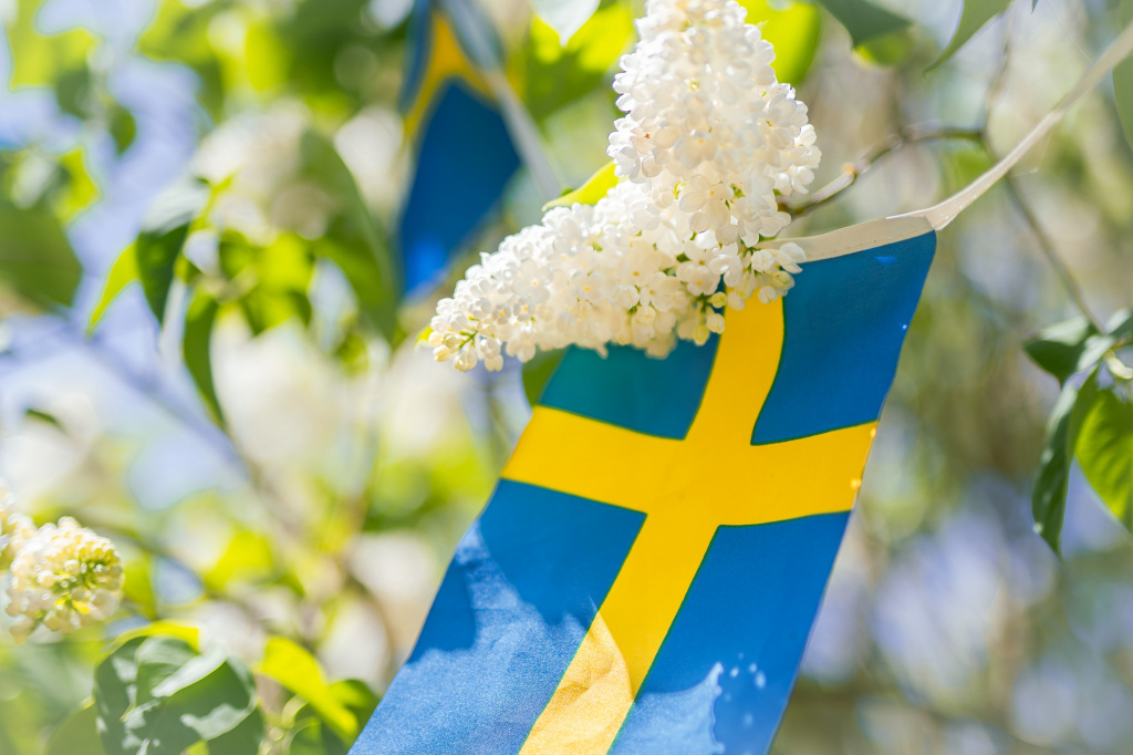 svensk flagga vid vit blomma
