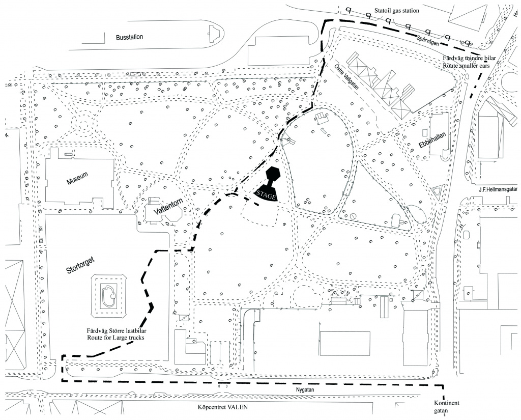 Karta över färdväg till Stadsparkens musikpaviljong Route to the stage in the park